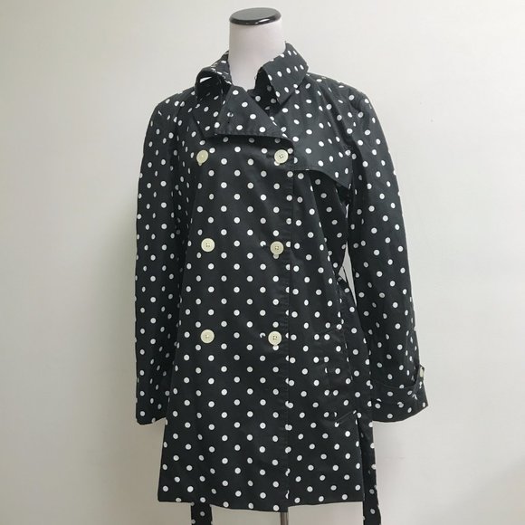 Chaps Ralph Lauren black white polka dot trench coat + belt L New - Picture 6 of 7
